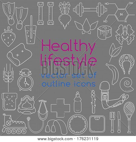 Healthy lifestyle concept in flat design. Vector outline icons for your web design. Icons of healthy food and sport.