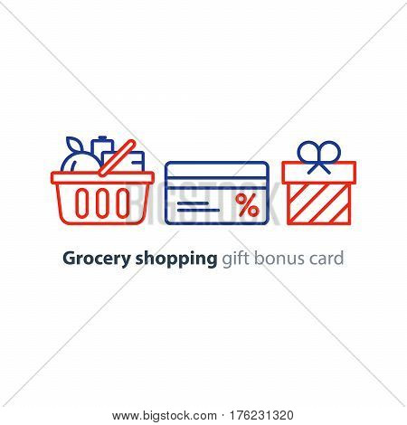 Full basket of food, grocery shopping purchase, special offer, bonus card, discount coupon, loyalty program gift, premium card vector line icon design