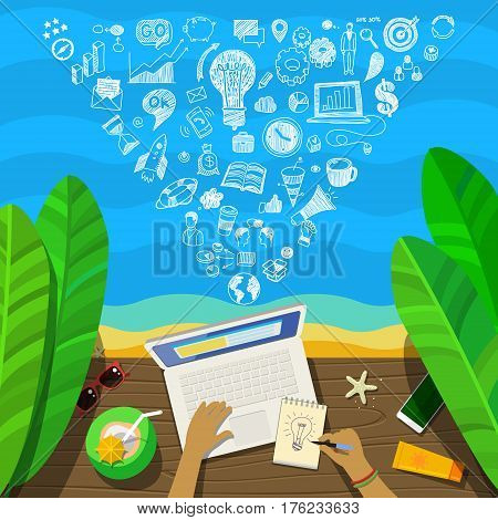 Freelance concept. Man working on a laptop at the beach, top view. Flat design, vector illustration.