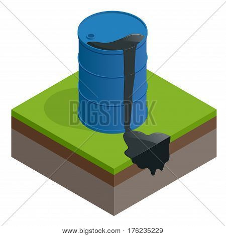 Isometric vector Oil spill or waste. Oil barrel dirty drum isolated on white background