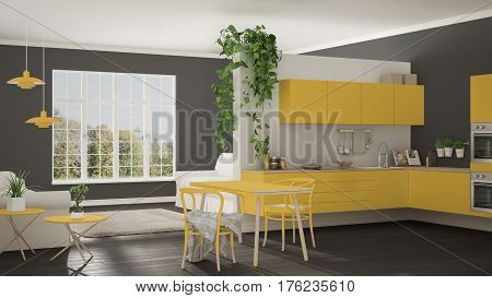 Scandinavian Yellow Minimalist Living With Kitchen, Open Space, One Room Apartment, Modern Interior