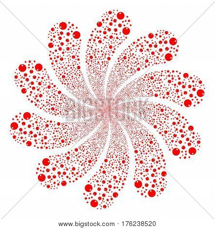 Sphere fireworks swirl flower with ten petals. Vector illustration style is flat red scattered symbols. Object whirlpool organized from random pictograms.