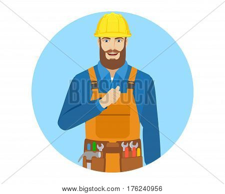 Worker pointing the finger at yourself. Self-promotion. Portrait of worker in a flat style. Vector illustration.