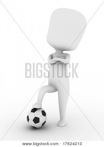Ilustração 3D de um jogador de futebol orgulhoso pisando em uma esfera