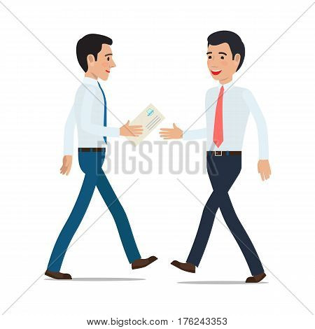 Businessmen handing correspondence. Two clerks in shirt and tie gives post envelope from hand to hand on move flat vector isolated on white background. Mail delivery illustration for business concept