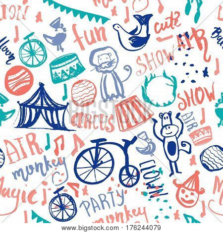 Hand Drawn circus seamless pattern with clown, monkey, lion wrap paper, nursery, child party color doodle sketch vector illustration.