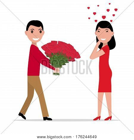 Vector illustration of a cartoon man gives flowers to a woman. Isolated white background. Flat style. Boyfriend gives a bouquet of flowers to a girlfriend in love.