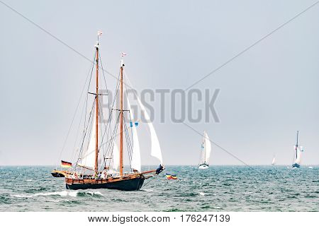 Sailing ship on the sea. Tall Ship.Yachting and Sailing travel. Cruises and holidays. Postcard and Book cover