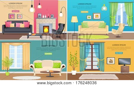 Apartment interiors web banners set. Elegant living room interiors with comfortable furniture, pictures on walls and plants flat vector. Classic appartment decoration style illustration