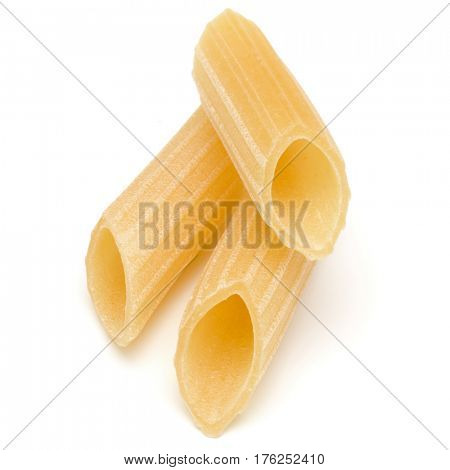 Italian pasta isolated on white background. Pennoni. Penne rigate.