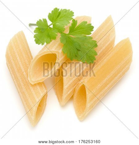 Italian pasta isolated on white background. Pennoni. Penne rigate.