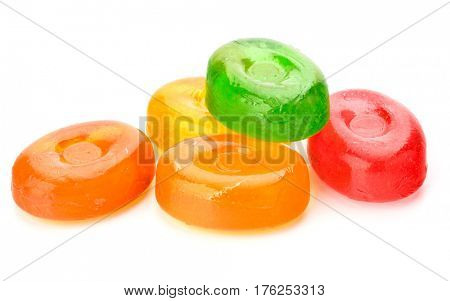 colorful fruit hard sugar candies,  boiled sweeties or sugar plums isolated on white background cutout