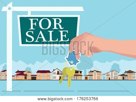 Vector real estate concept in flat style - hands giving keys, banner for sale, houses for sale or rent.