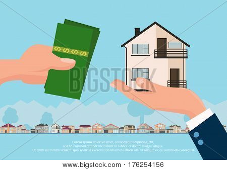 Vector real estate concept in flat style - businessmans hand giving house and buyer give money, web banner, houses for sale or rent.