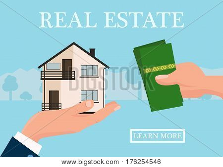 Vector real estate concept in flat style - businessmans hand giving house and buyer give money, web banner, houses for sale or rent.