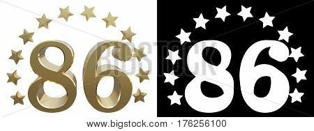 Gold number eighty six decorated with a circle of stars. 3D illustration