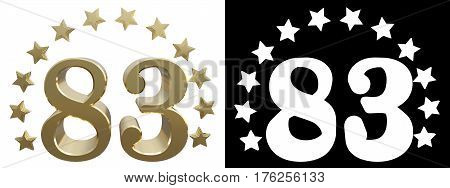 Gold number eighty three decorated with a circle of stars. 3D illustration