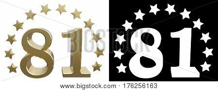 Gold number eighty one decorated with a circle of stars. 3D illustration