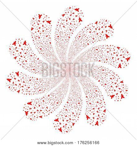 Yuan fireworks swirl flower with ten petals. Vector illustration style is flat red scattered symbols. Object whirl combined from random pictographs.