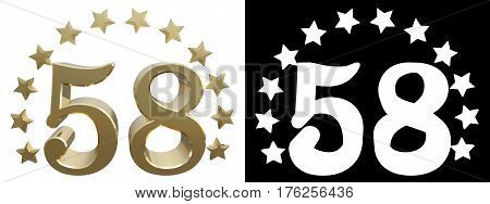 Gold number fifty eight decorated with a circle of stars. 3D illustration