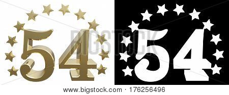Gold number fifty four decorated with a circle of stars. 3D illustration
