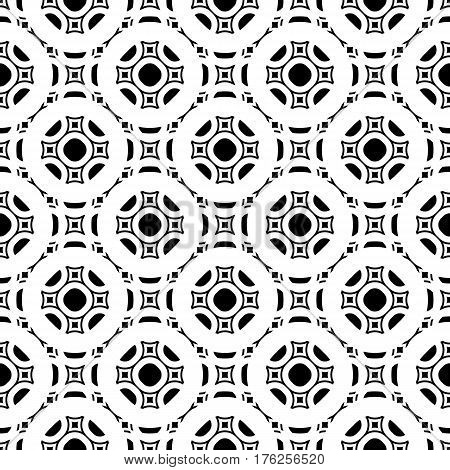 Black and white geometric texture. Stylish design in arabian style, traditional motif in modern digital rendition. Vector monochrome seamless pattern. Rounded lattice, floral figures, repeat tiles
