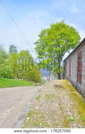 Museum of South Karelia and old road of paving stones in the fortress of Lappeenranta Finland.