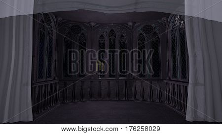 Love letter at gothic balcony in old winter castle 3d illustration render title background screen