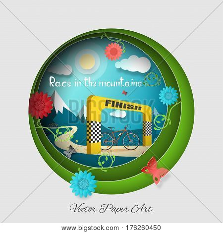 Vector paper art of Race in the mountains on the gradient gray and green background with bicycle road sun clouds mountains flowers and butterflies.