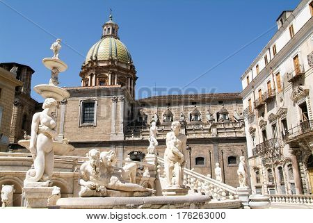 Fountain With Scultures Of Pretoria Square At Palermo