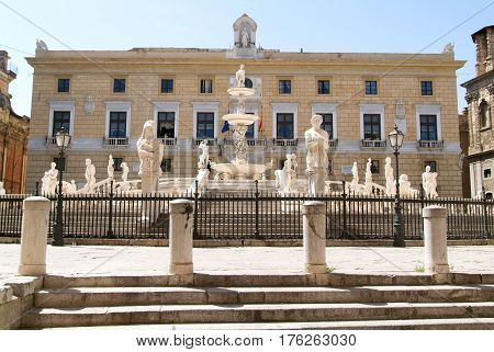 Fountain With Scultures Of Pretoria Square At Palermo
