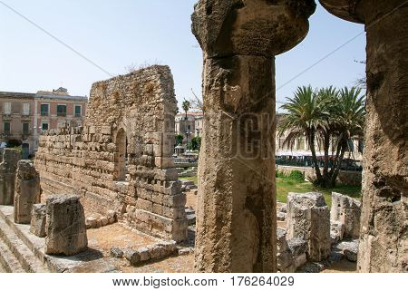 Siracusa, Italy - 20 July 2008The ruins of the ancient greek doric temple of Apollo in Siracusa Italy