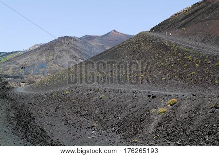 People Hiking At Mount Etna On The Island Of Sicily