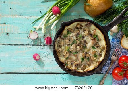 Breakfast Background. Scrambled Eggs With Ham And Mushrooms. The Concept Of Healthy Nutrition And Di