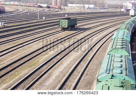 industrial view with lot of freight railway trains waggons.