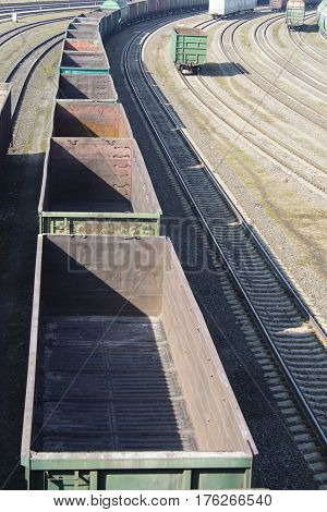 industrial view with lot of freight railway trains waggons.