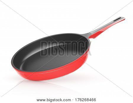 Red frying pan with ceramic coating. 3d illustration