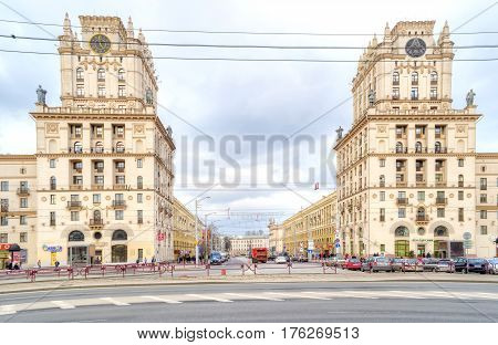 BELORUSSIA MINSK - March 11.2017: Two houses on Kirov Street. Gates of Minsk