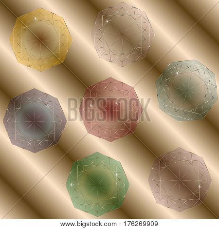 Gemstones set
Picture seven multicolored transparent crystal correct shape flare top view author design for decoration and decoration stock vector illustration