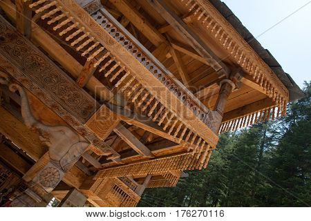 MANALI, INDIA. 4 June 2009: Tripura Sundari Temple, decorated with beautiful carvings. Naggar, district Kullu in Himachal Pradesh, India.