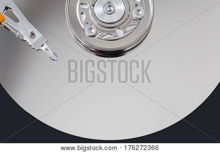Hard disk surface and magnetic head closeup