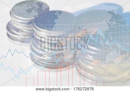 Double exposure of money coin stack with growing graph Blurred world map background Finance and banking concept.