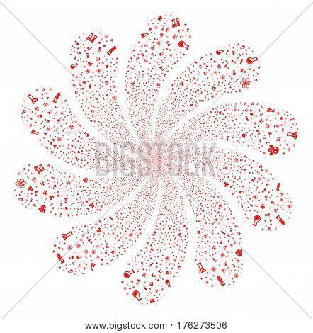Chemistry Symbols fireworks swirl flower with ten petals. Vector illustration style is flat red scattered symbols. Object whirlpool made from random symbols.