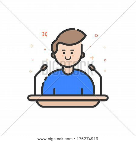 Vector illustration in flat bold outline style with boy - orator speaking from tribune. Concept of business lectern giving public speech. Use in Web Project and Applications. Line stock object.