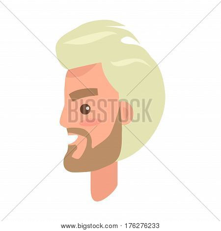 Blond man s face with beard and pink cheeks from sideview isolated icon on white background. Cartoon male character smiles with teeth. Modern man hairstyle example vector illustration in flat design