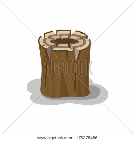 Wooden stump billet for bonfire isolated on white. Neatly stacked firewood with shadow elements to make fire. Natural materials that useful in hike, stub with traces of an ax ideal for making fire