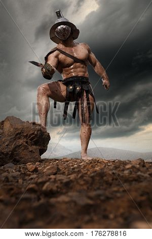 Rome gladiator attacking on drammatic outdoor nature