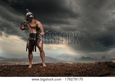 Rome gladiator attacking on drammatic outdoor nature