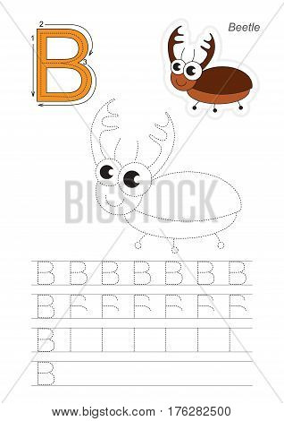 Vector illustrated worksheet. Learn handwriting. Gaming and education. Page to be traced. Easy educational kid game. Simple level. Complete eng alphabet. Tracing worksheet for letter B. Bug.