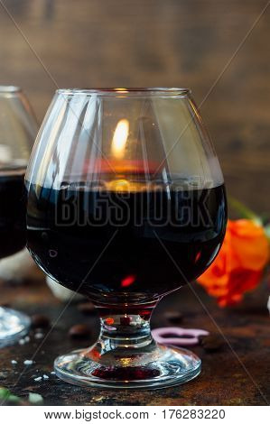 Romantic Dinner Drink - Wine Or Brendy In Glass.